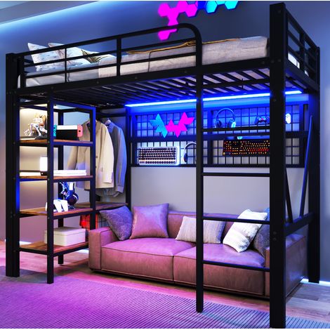 Cama alta dormitorio con LED y almacenaje negra OKMYHOME (1/5)