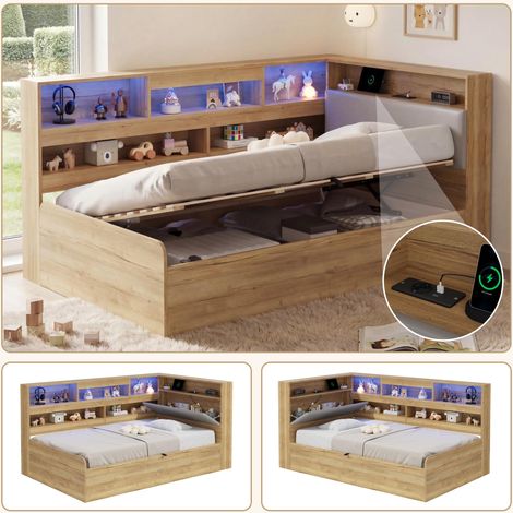 Lit de jour coffre hydraulique, lit enfant 90x200cm, lit en bois, lit junior, avec station de charge USB et éclairage LED, coloris naturel, garantie 2 ans