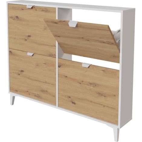 Mueble Zapatero Pili con 4 trampones en blanco soft/roble albar. 116.8cm(ancho) 97.4cm(altura) 20cm(fondo) (1/2)