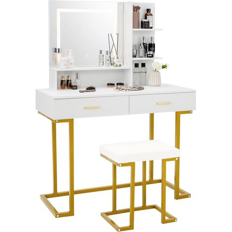 Vanity Table Set Makeup Dressing Table with Cushioned Stool W/ Large LED Mirror (1/5)