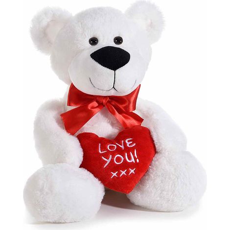 Orsetti bianchi seduti in peluche per San Valentino con cuore rosso imbottito con scritta bianca I love, set da 2 pezzi, In piedi: cm 20 x 18 x 42 H