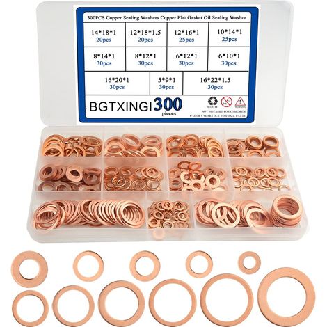 Lot de 300 rondelles d'étanchéité en cuivre de 15 sortes, joint plat en cuivre, boîte de rondelle d'étanchéité M5 M6 M8 M10 M12 M14 M16 (1/5)