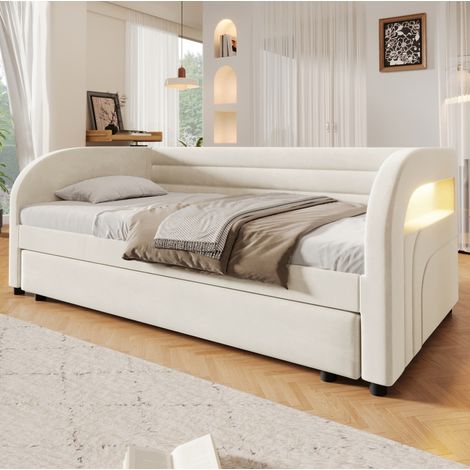 Cama 90x200 con cama nido e iluminación LED, beige OKMYHOME (1/5)