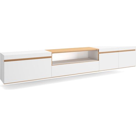Skraut Home - Meuble TV, Banc Télé, Grand espace de Rangement, 288x35x45 cm, TV grand format, Suspendu, Mural, Style moderne, Blanc et Chêne Soft (1/5)