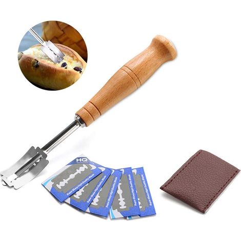 Couteau À Baguette - Lame À Pain Rétractable - Pour Boulangerie Maison - 5 Lames Incluses - Manche En Bois - 18 Cm