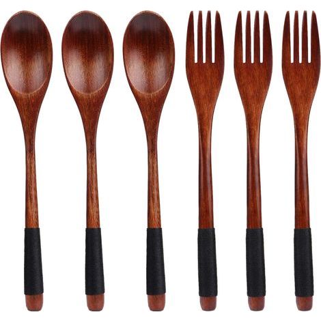 Ensemble de couverts en bois naturel avec cuillère et fourchette à long manche de style janpanais pour le camping, la cuisine, le dîner (noir) (1/5)