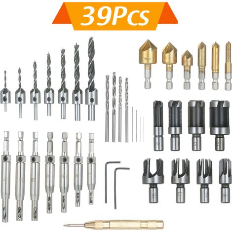 Ensemble de 39 outils de perçage et de chanfreinage pour bois : 8 fraises, 6 forets hexagonaux 5 dents 90°(6,35mm), 7 carottage, 7 trois points, 8 hélicoïdaux, 2 clés L, 1 poinçon automatique (1/5)