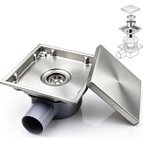 Caniveau de douche carré en acier inoxydable - 15 x 15 cm - Avec siphon à 360° - Anti-odeurs - Filtre à cheveux - 2 en 1 - Pour salle de bain, cave, intérieur et extérieur - Argenté (1/5)