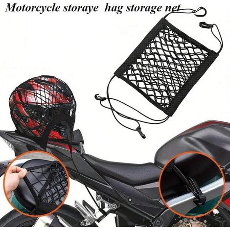 Filet de chargement élastique universel pour moto et scooter avec support casque, sac de rangement à grille en polyester pour vélo et scooter (1/5)
