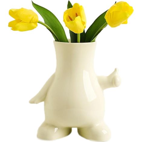 Jarrón de Cerámica Blanco Crema, Jarron Cuerpo, Florero Pequeño Divertido Reutilizable Moderno Estar Escritorio 20x18cm (Pulgar hacia Arriba) (1/5)