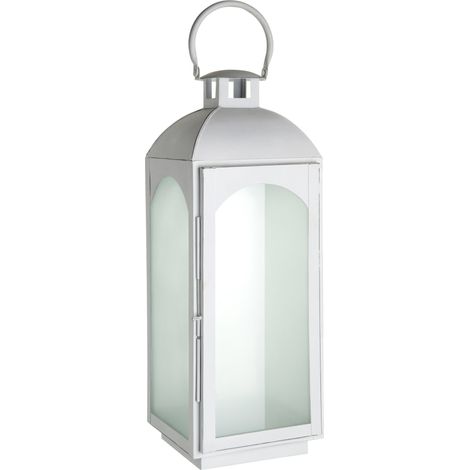Premier Housewares Large Mild Steel Lantern White Wash Finish Frosted Glass Detail Small Size Display Pillar Candle d18 x h50 x w19 cm (1/2)