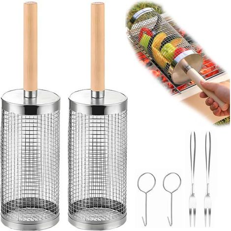 BelleRise - Lot de 2 paniers de cuisson rotatifs pour barbecue – Panier rotatif avec poignée en bois amovible, en acier inoxydable 304 (1/5)