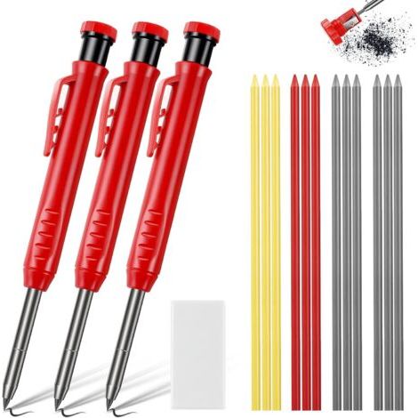 3 Crayon De Menuisier, Pointe Longue Métal, 12 Recharges, Gomme, Pour Architecture Et Bricolage (1/5)