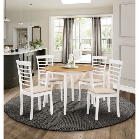 Hallowood Furniture Ledbury Small White Round Dining Table and Chairs Set 4, Foldable Wooden Drop Leaf Table Kitchen Table and Chairs in Cream Fabric Padded Seat, Space-Saving Dining Set (1/5)