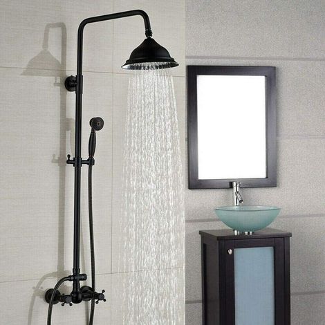 Gojoy – Colonne de douche hydromassante noire – Douche pluie 20 cm – Douchette à main en laiton – Montage mural avec 3 trous – 2 poignées (1/5)