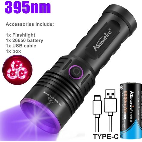 Lampe torche UV haute puissance 365 nm (3 x 395 nm - 26 650 nm) 60 W, rechargeable, pour marquage de taches (chats, chiens, minéraux, argent, scorpions), lampe de contrôle fluorescente. (1/5)