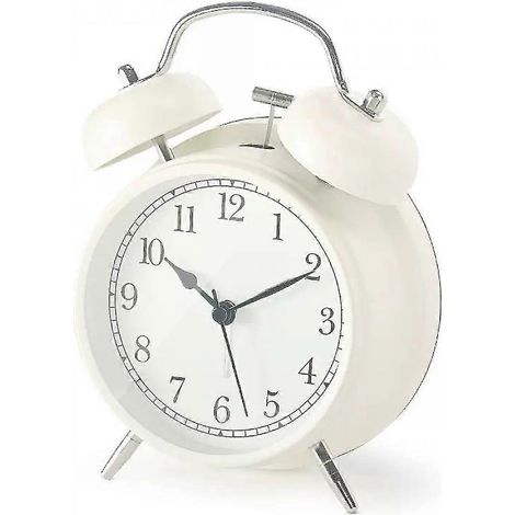 10 cm Doppelglockenwecker mit Hintergrundbeleuchtung, geräuschlos (kein Ticken), batteriebetrieben, leistungsstarker Alarm (weiß) A( )