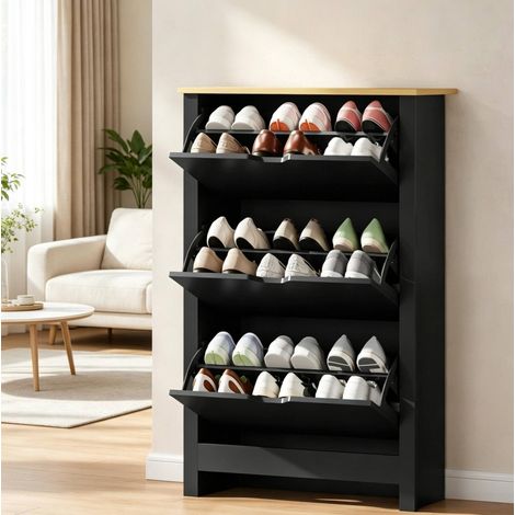 Meuble à chaussures 3 portes abattantes 2 niveaux, 72 x 26 x 112 cm, noir et bois OKMYHOME (1/5)