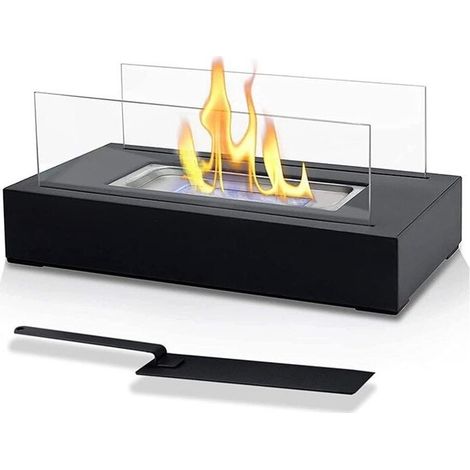 Cheminée bioéthanol,Cheminée Éthanol de Table - Portable,Réctangulaire, Noir, en Acier Inoxydable, 2 Panneaux en Verre, pour Intérieur/Extérieur - Poêle Bioéthanol, à Poser au Sol, Mobile (1/4)