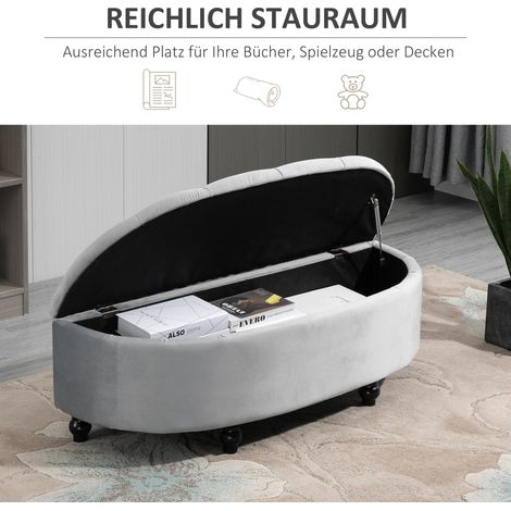 Coffre banquette capitonnée velours avec couvercle ouvrant, rangement à pieds bois, banc de rangement pour salon entrée chambre, 120x46x42 cm gris