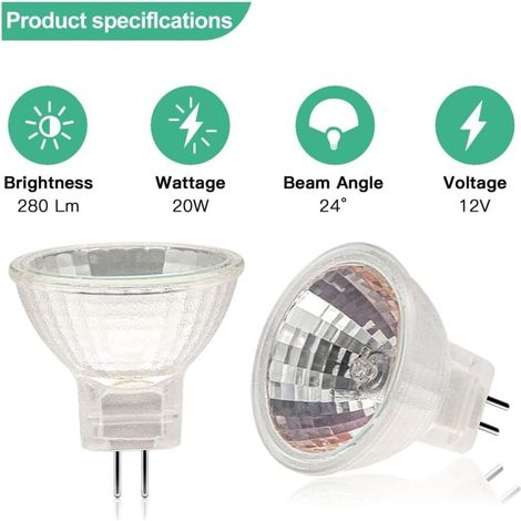 12 bombillas halógenas MR11, 12 V, 20 W, GU4, cubierta de vidrio, aptas para lámparas de pie, bombillas halógenas de 2 pines. (1/3)