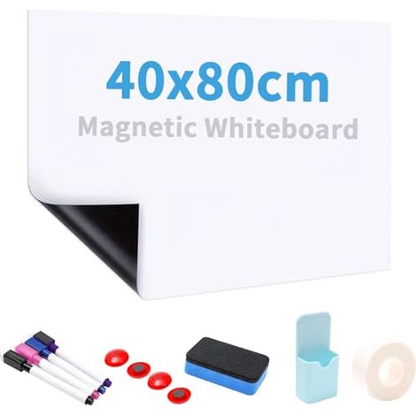 Magnetisches Whiteboard 40 x 80 cm, trocken abwischbares Whiteboard zum Aufkleben auf glatte Wände, leicht zu beschreiben und zu reinigen, weiße Magnettafel für Büro, Schule, Küche, mit Markern, Radie
