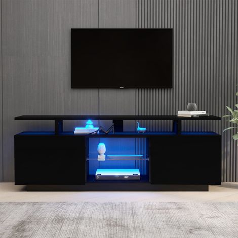 Meuble TV Noir avec éclairage LED 16 couleurs - Armoire laquée, portes vitrées - 140x35x55cm (1/5)