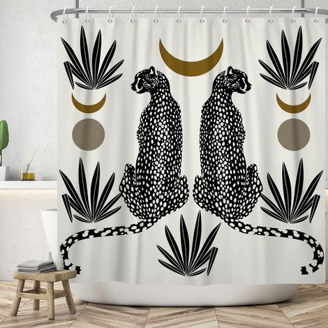 180x200cm Rideau de Douche Noir léopard Abstrait mi-siècle Animal Rideaux de Douche avec Crochets Boho Feuille de Palmier Lune Rideau de Bain imperméable Salle de Bain décorations (1/5)