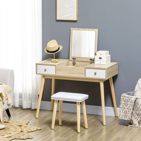 Coiffeuse moderne avec miroir coulissant, rangement pour bijoux, 2 tiroirs et tabouret, couleur bois (1/5)