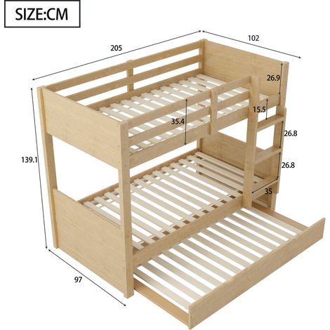 Lit superposé en bois 90x200 cm avec tiroir escamotable, convertible en lit simple, incluant garde-corps de sécurité, échelle et sommier, lit double en bois massif (1/5)