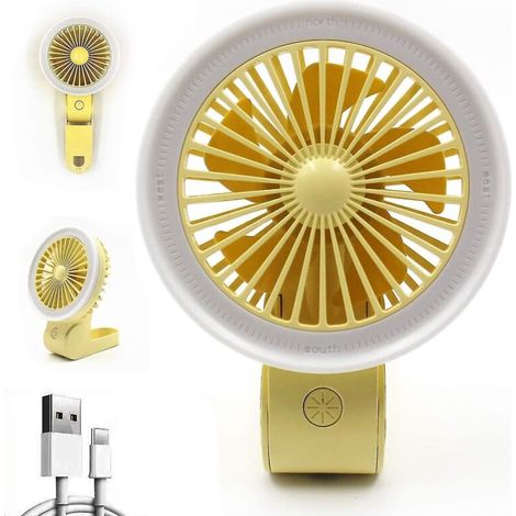 Mini ventilateur portable avec lumière LED, réglable, rechargeable par USB, petit ventilateur personnel pliable pour poussette, bureau ou table, pour enfants, filles, femmes, maison (jaune) (1/5)