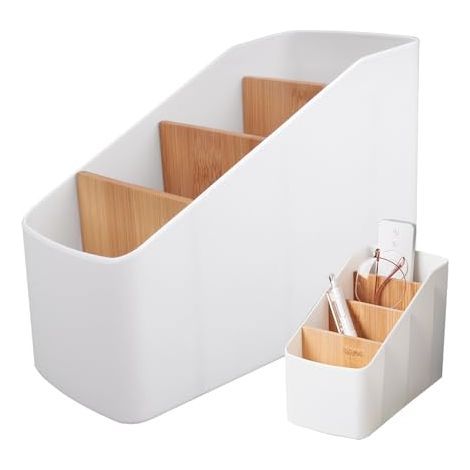 Support de Télécommande, Boîte De Rangement De Bureau avec 4 Poches, Amovible Télécommande Compartiments Boîte De Rangement en Bois pour Télécommandes, Papeterie, Stylos (1/5)