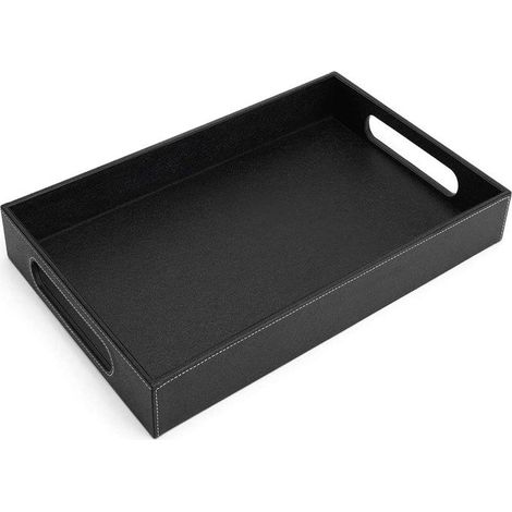 1 plateau de service en cuir PU, rectangulaire avec poignées, design élégant pour salon ou salle à manger (1/5)