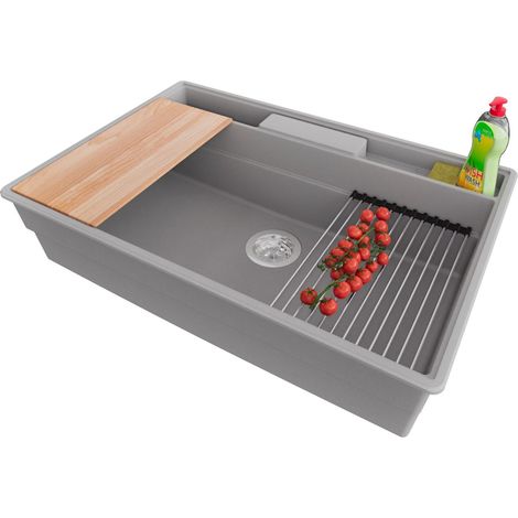 PRIMAGRAN Evier Cuisine en Granit 78x53cm,Lavabo 1 bac + Kit de Vidage + Accessoires, Évier à Encastrer au meuble 80cm - New York, Gris