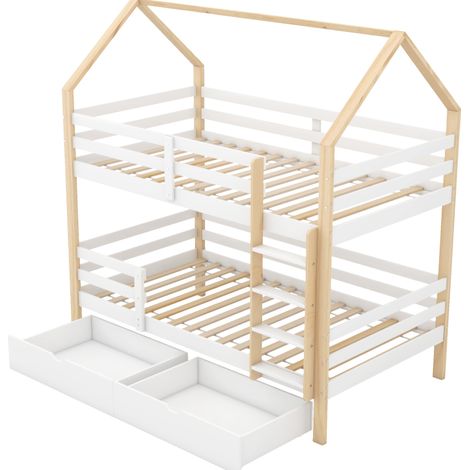 Kinder-Hausetagenbett aus Kiefer 90 x 200 cm mit Schubladen, Weiß und Holz (1/5)