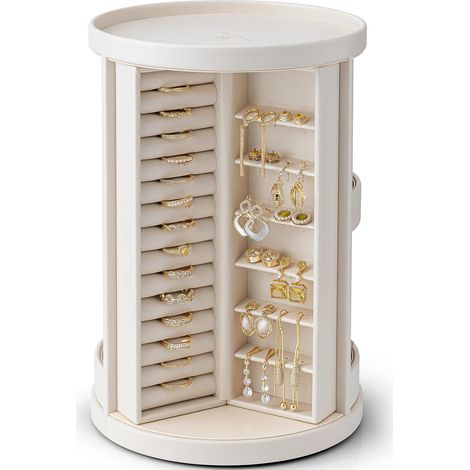 Boîte à bijoux rotative à 360°, boîte à bijoux avec 6 crochets pour colliers, rangement vertical pour colliers, boucles d'oreilles, bracelets, design ouvert, beige (1/5)