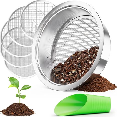 Tamis de Jardin 5 en 1 en Acier Inoxydable, résistant aux intempéries, avec 5 Tamis interchangeables de Ø 1, 3, 6, 9 et 12 mm + Pelle pour Terre, Cailloux, Compost, Sable (1/5)