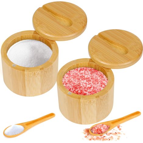 Ensemble de 2 pièces pour sel et épices en bambou avec couvercle rotatif magnétique et cuillère, boîte de rangement en bambou, 6 oz. (1/5)