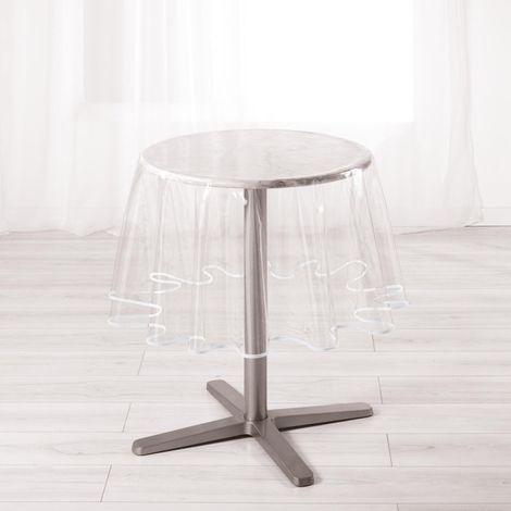 Nappe ronde transparente 180cm – PVC & polyester – Qualité 15/100ème – Protection de table facile d'entretien – Biais blanc sur le bord (1/3)