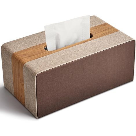 Caja de pañuelos de piel, soporte rectangular para pañuelos, caja de pañuelos, dimensiones (ancho x profundidad x alto): 25 x 13,3 x 9,6 cm (efecto madera y marrón)