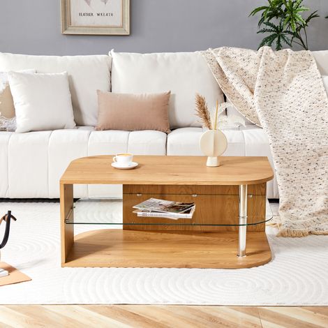 Table basse 100x60x42cm étagère bois et verre,design minimaliste avec rangement. Pour bureau,appartement et petits espaces.