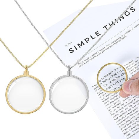 Sollbry 5X Loupe Collier Pendentif, Lentille en Verre pour Lire des Cartes, des Bijoux et des Travaux Manuels - 2 Pièces,Une couleur d'or l'autre couleur d'argent (1/4)