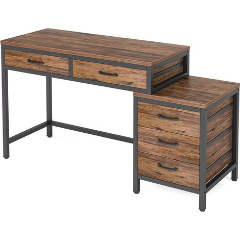 Bureau d’ordinateur 39,37 pouces avec 5 tiroirs, bureau de bureau à domicile, Bureau d'ordinateur en forme de droit (1/5)
