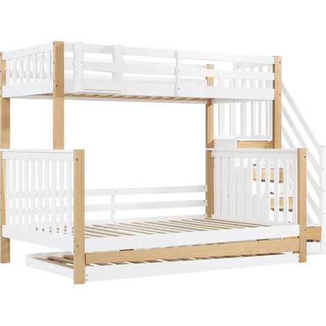 Lit superposé 90x200 et 120x200 cm bois blanc et naturel avec escalier, tiroir et sécurité enfant (1/5)