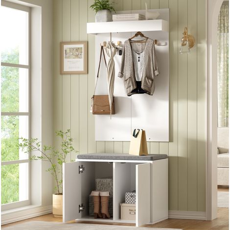 Porte-manteau d'entrée 60x35x145 cm en bois blanc, gain de place pour entrée FloraGrace (1/5)