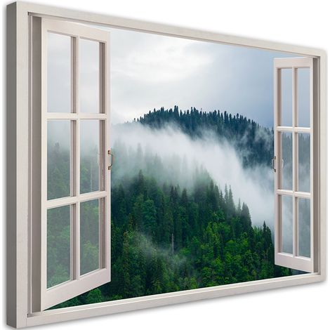 Quadro su tela, Foresta nella vista della nebbia dalla finestra - 120x80 (1/4)