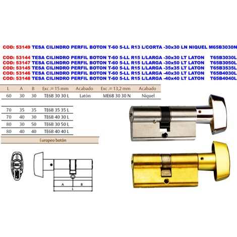 Bouton profilé cylindre T-60 5 clés R13 BOT-30x30 LN M65B3030N