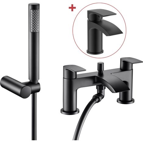 Matt Black Waterfall Curve Deck Mounted Bath Shower Mixer + Shower Head + Tap (1/4)