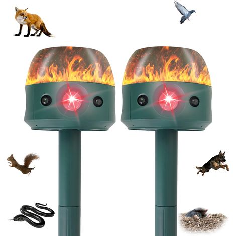 Lot de 2 répulsifs solaires à ultrasons pour jardin, 5 modes d'extérieur avec détecteur de mouvement, lumière clignotante, dissuasif pour cerf, mouffette, chien, serpent, gophers pour cour et jardin (1/5)
