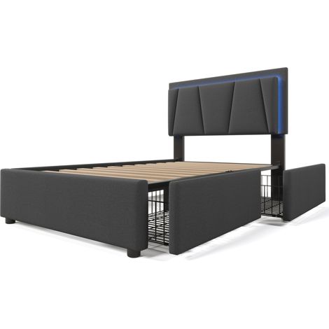 Cama individual tapizada 90x200 cm con colchón, LED, 2 cajones y cabecero ajustable gris (1/5)